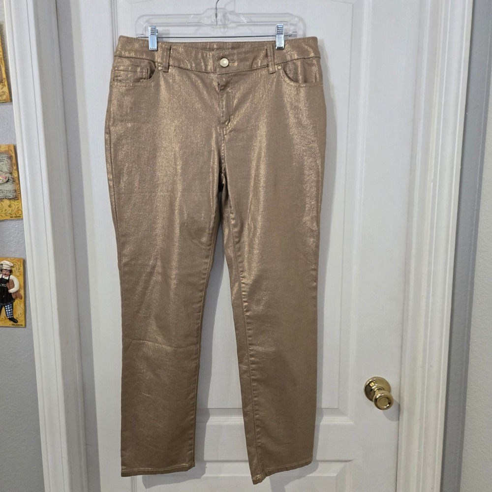 Chico's Platinum Jeans Womens 2 Gold Metallic Straight Leg Party Holiday Club